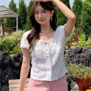 Solid Button Front Puff Sleeve Lace Trim Blouse
